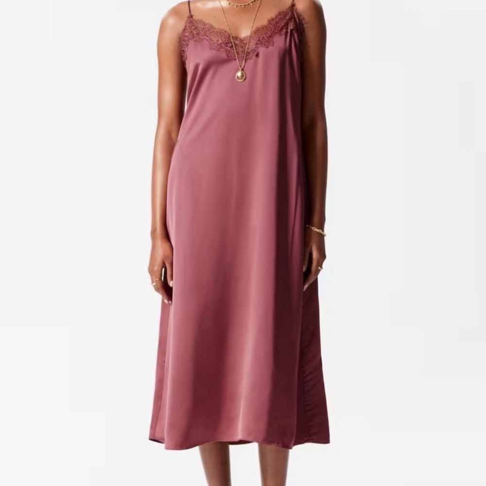 & Other Stories Mauve Satin Lace-Trim Midi Slip Dress